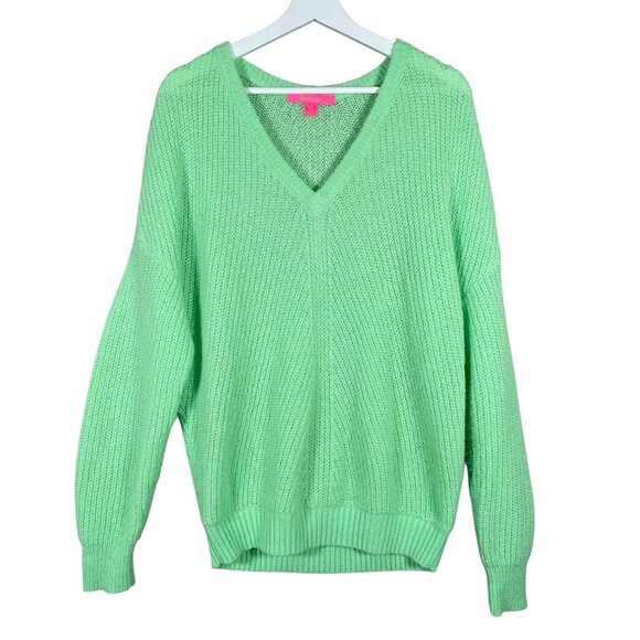 Lilly Pulitzer Kasmina Sweater Sz L Patina Bright Green V-Neck Long Sleeve Knit - Picture 1 of 11